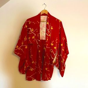 Vintage red silk floral print haori